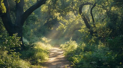 Sticker - A dirt path winds through a green forest with sunbeams shining through the trees.