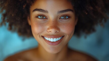 Poster - Closeup portrait of a woman with a radiant smile highlighting her healthy teeth and vibrant confidence set in a bright and cheerful environment promoting positive dental habits