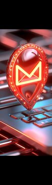 A glowing, red email symbol with a map pin design, set against a modern, metallic background, representing digital communication.