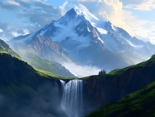 Poster - Majestic Waterfall Cascading from Snowy Mountains