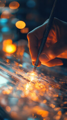 Poster - A hand is writing on a glass surface with a pen. Concept of creativity and artistic expression, as the hand is using the pen to create a design or message on the glass