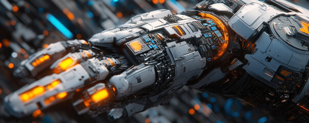 Poster - A robot arm with orange and white parts is shown in a futuristic setting. Concept of advanced technology and a futuristic world