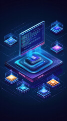 Poster - a computer monitor with a blue screen and a bunch of colorful cubes. the cubes are arranged in a way
