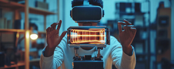 Poster - A man is holding a virtual reality headset in his hands. Concept of excitement and anticipation as the man prepares to enter a new world through the VR headset