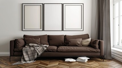 A contemporary living room featuring a minimalist brown sofa with two cushions