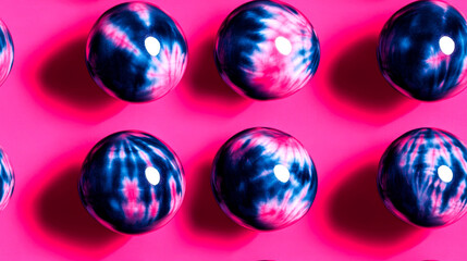 Wall Mural - A seamless pattern of glossy, tie-dye spheres in pink and blue on a pink background.