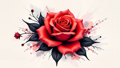 red rose illustration with black leaves and watercolor splashes