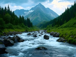 Poster - Serene Mountain River Landscape with Freshwater Flow