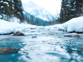 Poster - Tranquil Winter Stream in Mountain Landscape