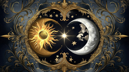 Poster - An artistic depiction of the sun and moon in a celestial dance, surrounded by stars and cosmic swirls