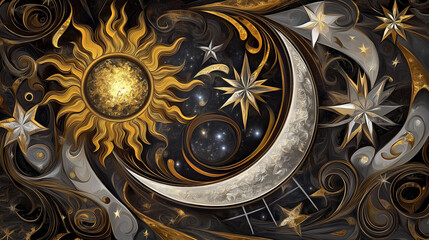Poster - An artistic depiction of the sun and moon in a celestial dance, surrounded by stars and cosmic swirls. 
