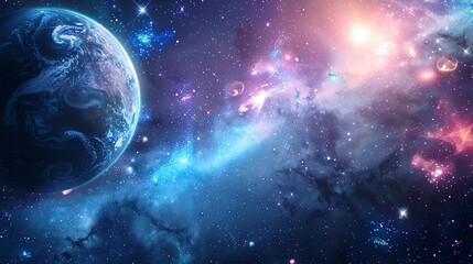 Wall Mural - A planet surrounded by a bright nebula, with lots of stars visible in the sky.