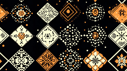 Wall Mural - Abstract geometric pattern with white and orange shapes on a black background.