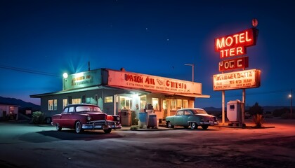 classic roadside motel with neon signs flickering in the twilight