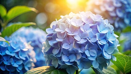 Sticker - A vibrant blue hydrangea blossom bathed in warm sunlight, surrounded by delicate green leaves, showcasing the beauty of nature's artistry.