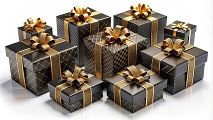 Sticker - An elegant arrangement of black and gold gift boxes with delicate bows and ribbons, capturing the essence of celebration and anticipation.