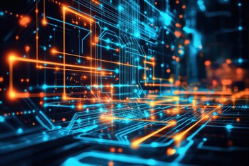 A vibrant digital circuit board design featuring glowing lines and nodes, representing advanced technology and data flow.