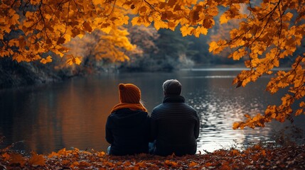 Poster - Couple sits together by a tranquil lake in autumn their cozy jackets contrasting with the vibrant orange and yellow leaves surrounding them creating a serene and intimate scene from behind