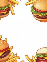 Poster - Colorful burgers and golden fries are artistically arranged, creating a playful border with an empty center for custom text or branding. Generative AI