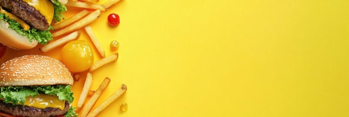 Aufkleber - Colorful burgers and crispy fries fill the edges of a vibrant yellow backdrop, perfect for adding your own unique message or promotion. Generative AI