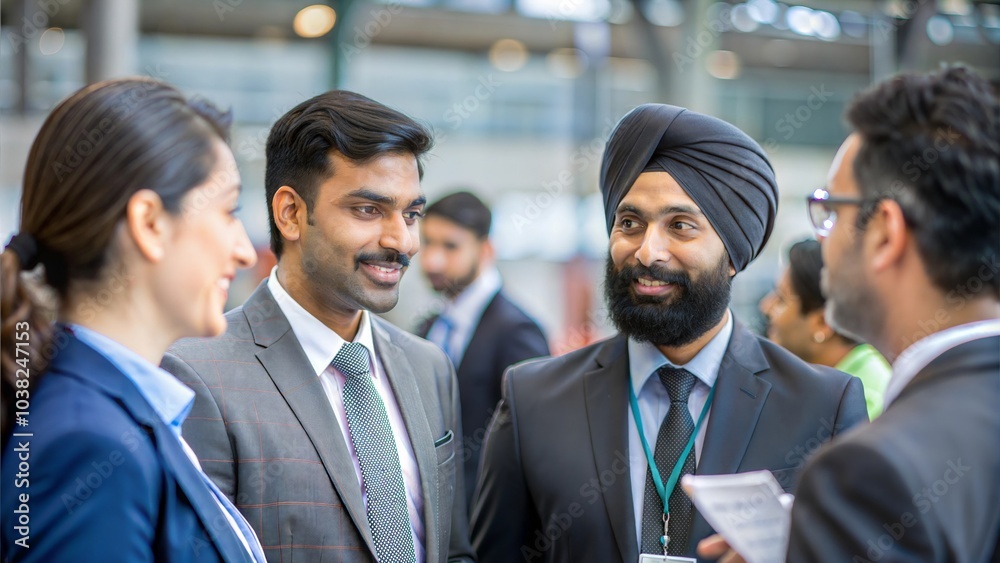 Indian business attendees networking at a large industry expo ...
