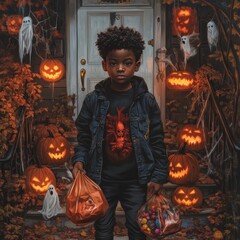 A young teenager black boy,he attends a Halloween party filled with surprises and spooky Halloween elements. clutching a bag of freshly won candy and looking forward  funny game or prank. 