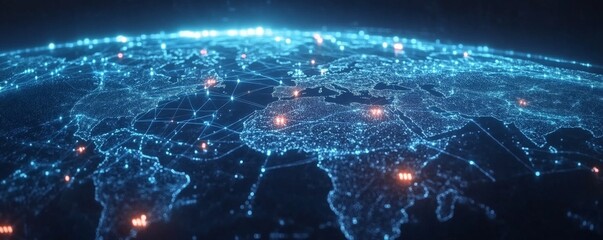 Poster - A Digital Map of the World with Illuminated Cities and Interconnected Network Lines