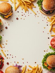 Poster - Brightly colored burgers and crispy fries surround a central space, inviting text or decoration in a playful and appetizing layout. Generative AI