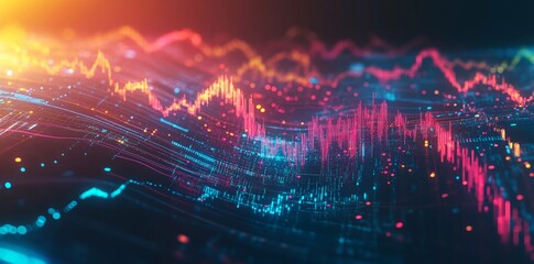 Poster - Abstract digital data visualization with glowing lines and dots in red, blue, and yellow hues.