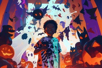 A young teenager black boy,he attends a Halloween party filled with surprises and spooky Halloween elements. clutching a bag of freshly won candy and looking forward  funny game or prank. 