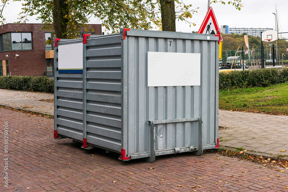 gray steel industrial storage container with stands outside on a parking lot