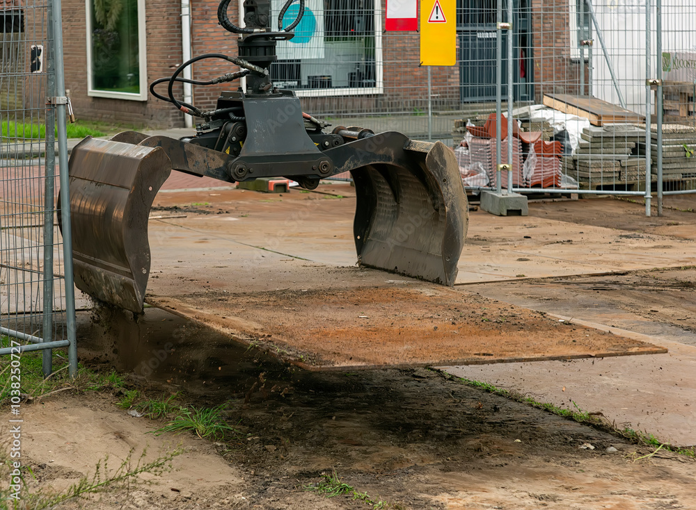 steel plate is lifted by a pneumatic steel grab hanging from an industrial crane