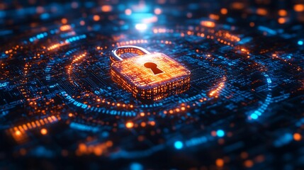 Poster - Cyber securitythemed image featuring a floating digital padlock on a glowing blue background surrounded by swirling binary code and digital waves representing secure data and information systems