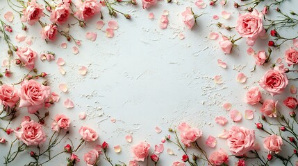 Fototapete - Decorative web banner featuring blooming pink roses and delicate petals scattered across a white table The floral frame composition leaves an empty space in the center viewed from the top