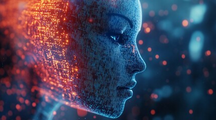 Digital profile of artificial intelligence emerging from glowing data particles, symbolizing the fusion of technology and consciousness in futuristic AI.