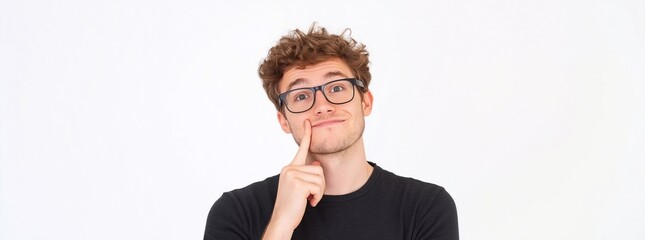 A happy young man wearing a glasses, with his index finger gently placed against his cheek, appearing to be in a thoughtful or curious pose isolated on white background.