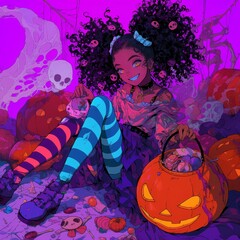 A young teenager black girl,she attends a Halloween party filled with surprises and spooky Halloween elements. clutching a bag of freshly won candy and looking forward  funny game or prank. 