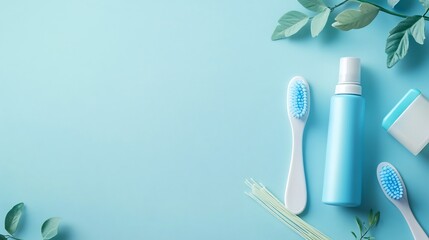 Poster - Dental hygiene set with toothbrush toothpaste and dental floss neatly arranged on a bright minimalistic light background Ideal for a health awareness banner with space for text on the side