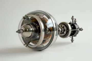 Intricate steampunk gyroscope with spinning mechanism, gears, and glass dome balancing on a metal arm