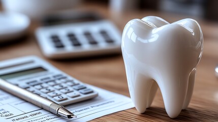 Fototapete - Dental insurance form sits next to a white tooth model pen and calculator in a clean flat design graphic emphasizing dental care and financial protection for oral health on Health Day