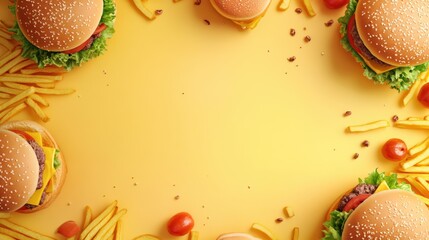 Poster - Colorful burgers and crispy fries frame a blank center, perfect for highlighting menu options to entice hungry diners. Generative AI
