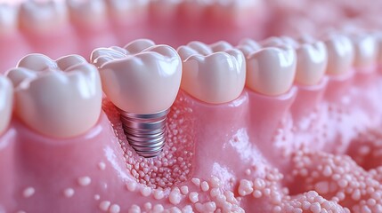 Poster - Detailed 3D render of a human jaw featuring a dental implant showcasing the implant's integration with surrounding teeth set against a clean professional backdrop emphasizing dental health