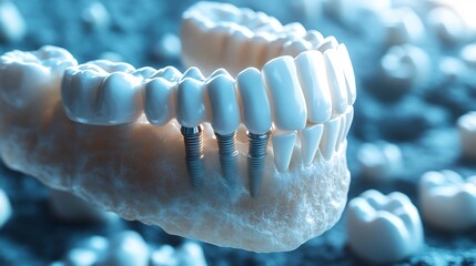 Poster - Detailed 3D render of a human jaw featuring a dental implant showcasing the implant's integration with surrounding teeth set against a clean professional backdrop emphasizing dental health