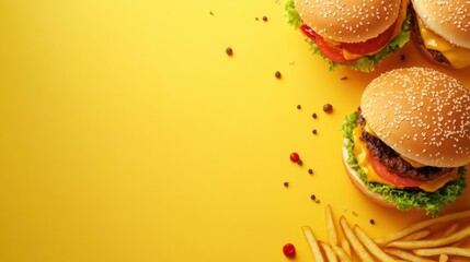 Aufkleber - Colorful burgers and crispy fries are artfully arranged, inviting attention to the central text space for creative advertising. Generative AI