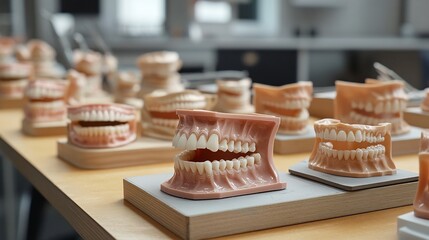 Poster - Detailed display of models of removable dentures arranged on a dental technician's workspace highlighting the craftsmanship in prosthetics for dental cavities with tools in the background
