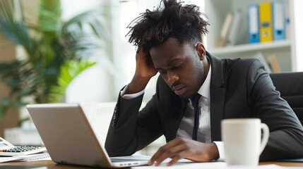 Stressed businessman in dark suit holding his head while working on laptop in office, depicting workplace pressure and mental fatigue at desk.