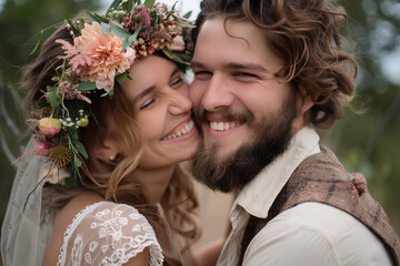 happy young couple in love, the woman with a flower wreath on her head is smiling and kissing her husband's cheek, wearing a wedding dress, the man has a beard, romantic atmosphere