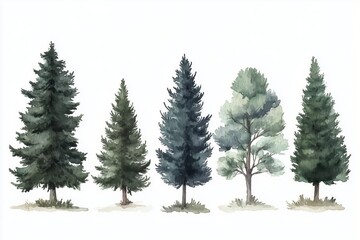 Vector watercolor tree side view isolated on white background, Forest trees illustration EPS, Green pine, blue spruce, lush ash, beige bush, Set of hand drawn trees 