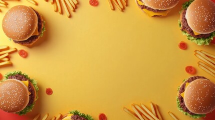 Colorful drawings of burgers and fries surround a blank area, perfect for adding enticing text or announcements. Generative AI