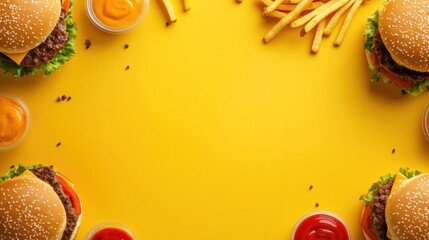 Aufkleber - Mouthwatering burgers topped with fresh ingredients and crispy fries decorate the edges, creating a cheerful and appetizing display. Generative AI